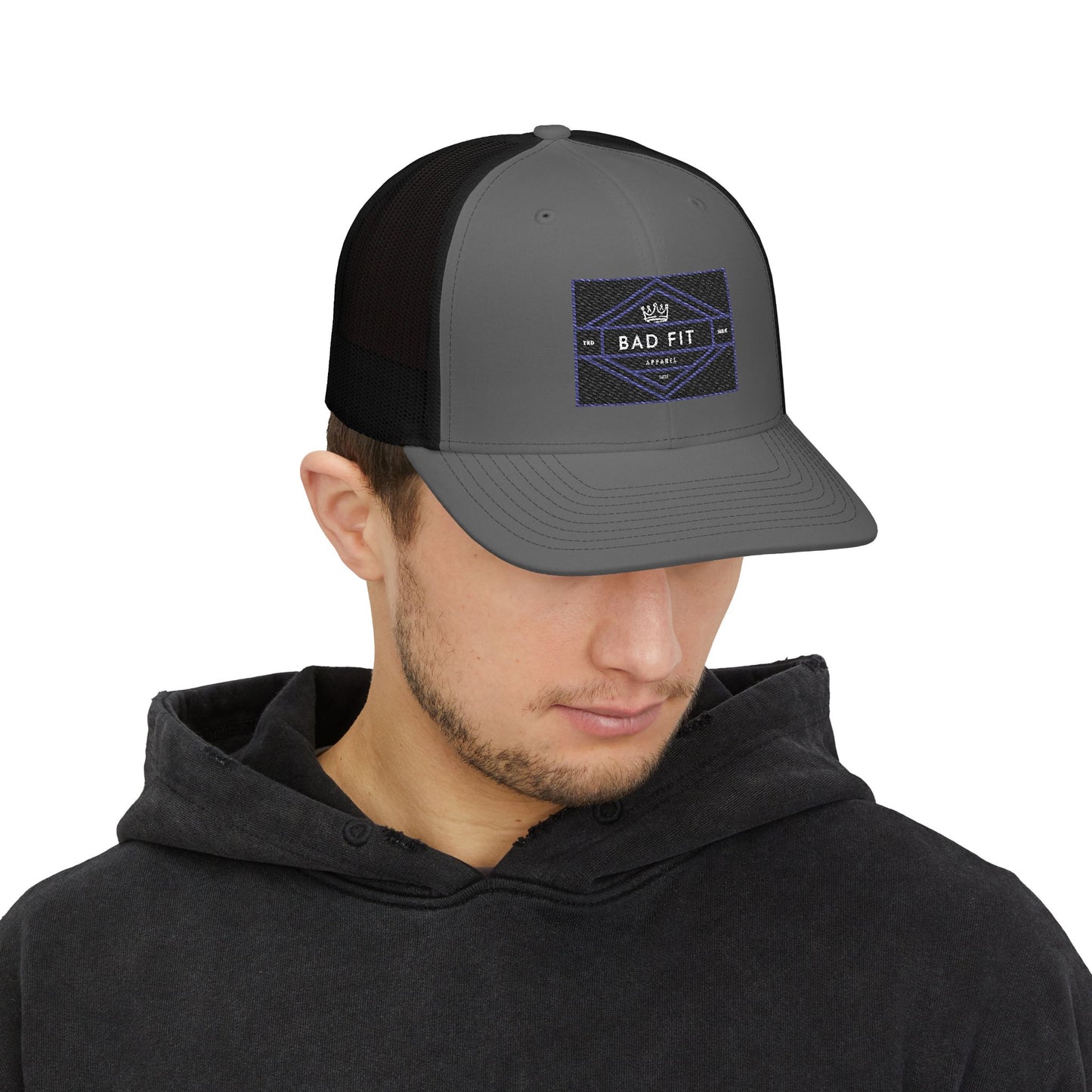 Bad Fit Purple Embroidered Trucker Hat – Retro Patch Snapback Cap