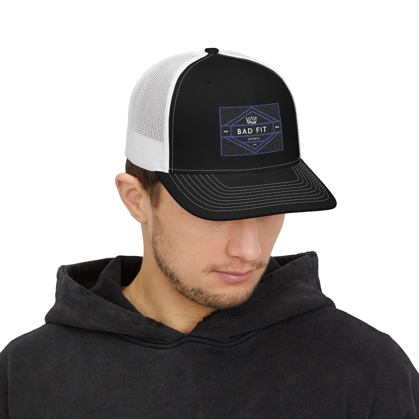 Bad Fit Purple Embroidered Trucker Hat – Retro Patch Snapback Cap