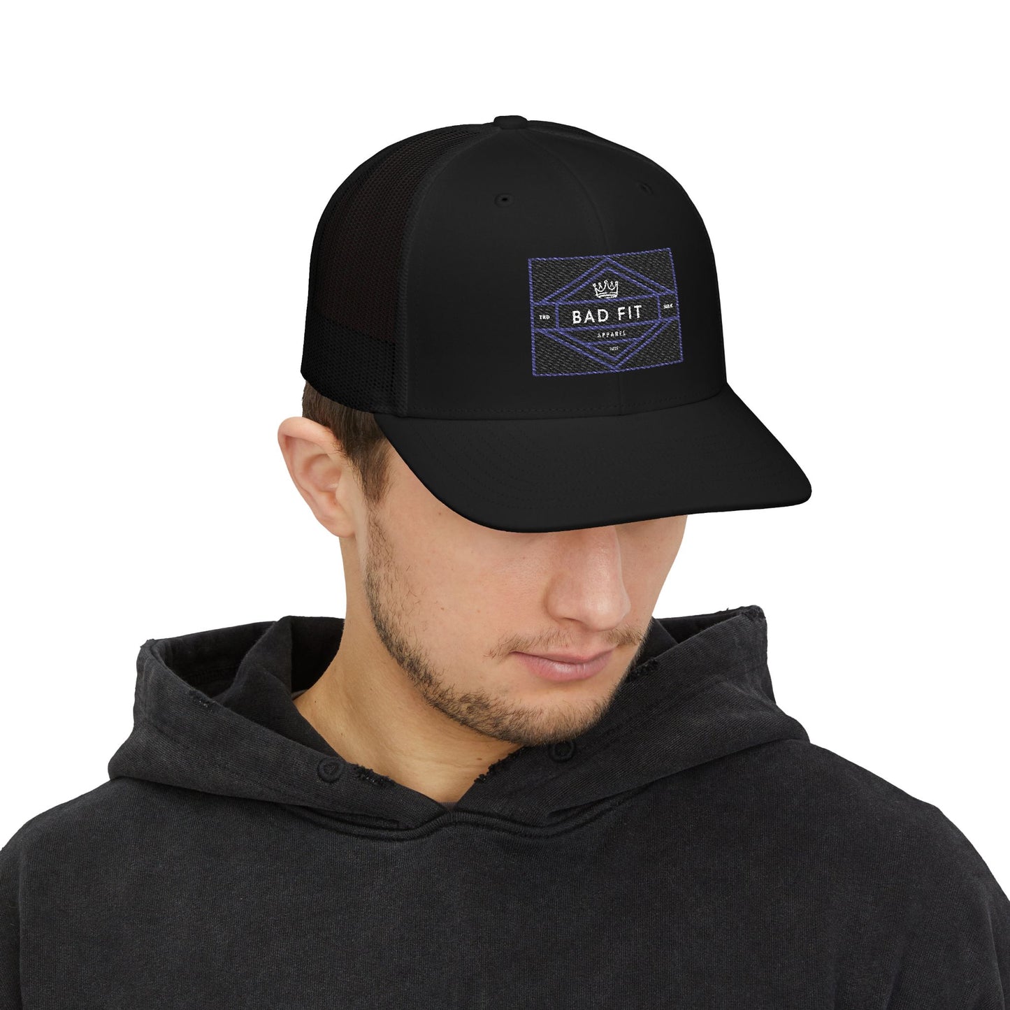 Bad Fit Purple Embroidered Trucker Hat – Retro Patch Snapback Cap
